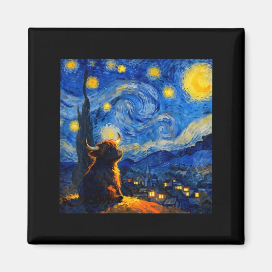Cute Highland Baby Cow Graphic Van Gogh Style Star Magnet (Vorne)