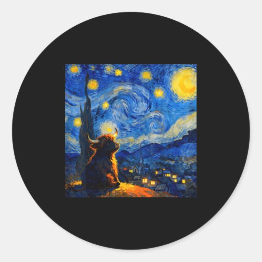 Cute Highland Baby Cow Graphic Van Gogh Style Star Runder Aufkleber (Vorderseite)