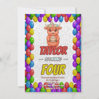 Cute Highland Cow 4th Birthday Invitation Einladung