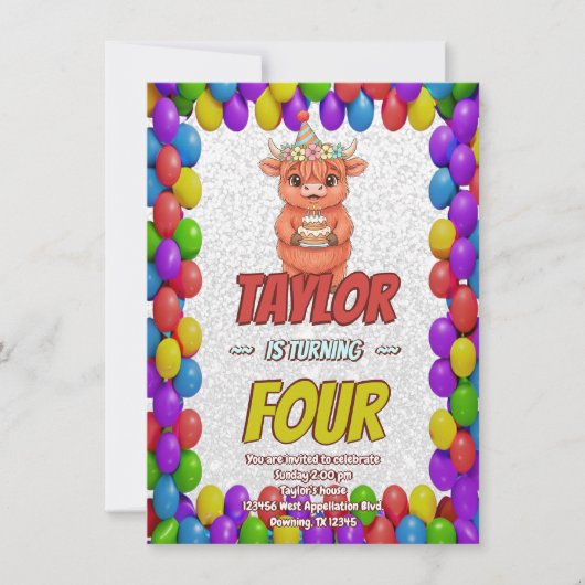Cute Highland Cow 4th Birthday Invitation Einladung (Vorderseite)