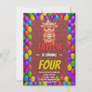 Cute Highland Cow 4th Birthday Invitation Einladung