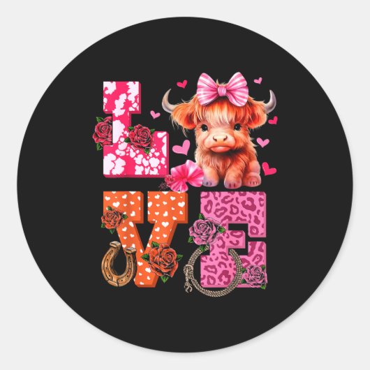 Cute Highland Cow And Nk Heart Valentines Day Love Runder Aufkleber (Vorderseite)