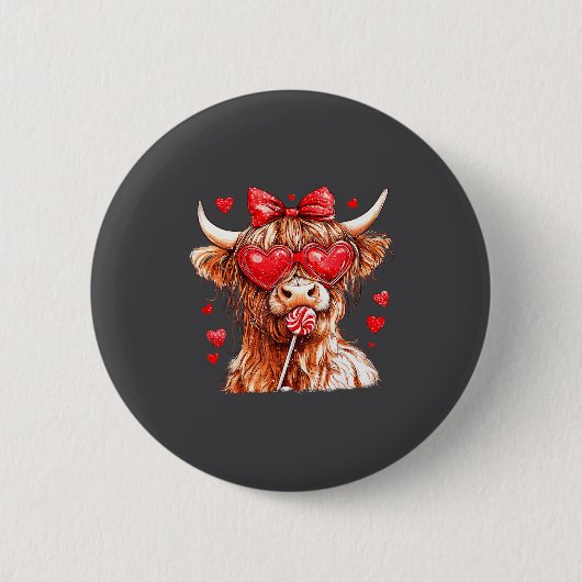Cute Highland Cow Candy Cane Heart Valentines Day Button (Vorderseite)