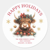 Cute Highland Cow Christmas Business Runder Aufkleber (Vorderseite)