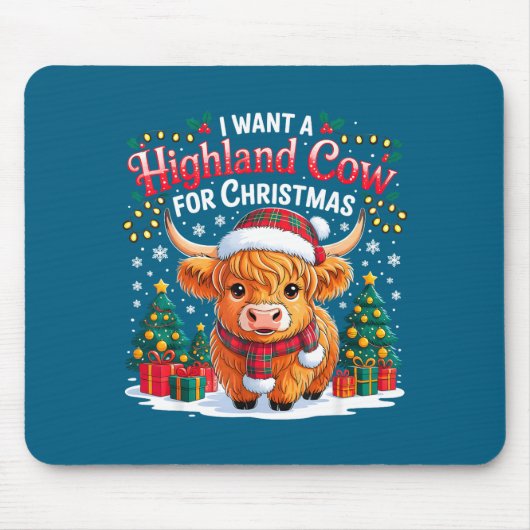Cute Highland Cow Christmas Funny Santa Lights Hol Mousepad (Vorne)