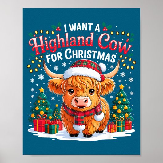 Cute Highland Cow Christmas Funny Santa Lights Hol Poster (Vorne)