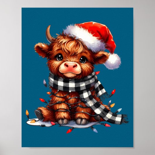 Cute Highland Cow Christmas Lights Santa Hat Winte Poster (Vorne)