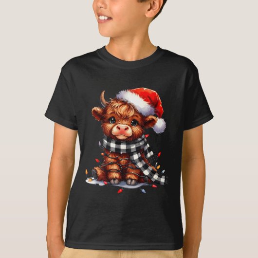 Cute Highland Cow Christmas Lights Santa Hat Winte T-Shirt (Vorderseite)