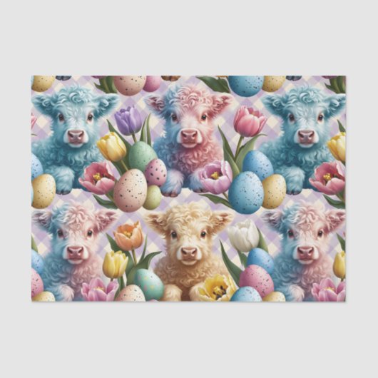 Cute Highland Cow Easter Tulips Pastel Seidenpapier (Vorderseite)