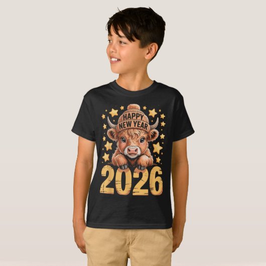 Cute Highland Cow Happy New Year 2026 Tee Funny An (Vorne ganz)
