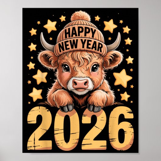 Cute Highland Cow Happy New Year 2026 Tee Funny An Poster (Vorne)