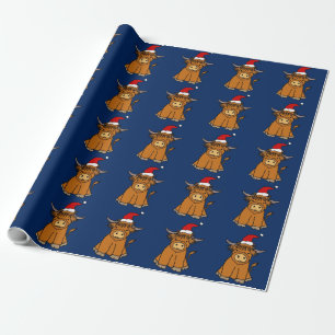 Cute Highland Cow in Santa hat Christmas Geschenkpapier