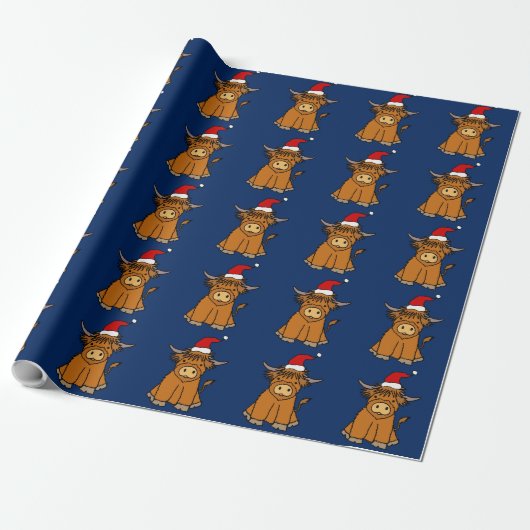 Cute Highland Cow in Santa hat Christmas Geschenkpapier (Ungerollt)
