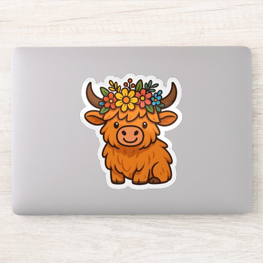 Cute Highland Cow Sticker with Floral Crown (Computer)