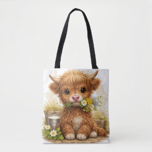 Cute Highland Cow Tote Bag with Flowers Tasche