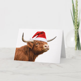 Cute Highland Cow with Santa Hat Christmas Karte