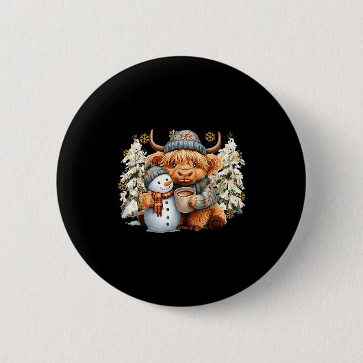 Cute Highland Cow With Snowman Hot Cocoa Christmas Button (Vorderseite)