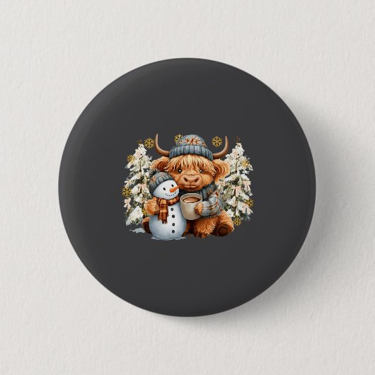 Cute Highland Cow With Snowman Hot Cocoa Christmas Button (Vorderseite)