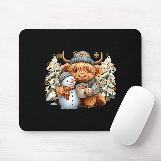 Cute Highland Cow With Snowman Hot Cocoa Christmas Mousepad (Mit Mouse)
