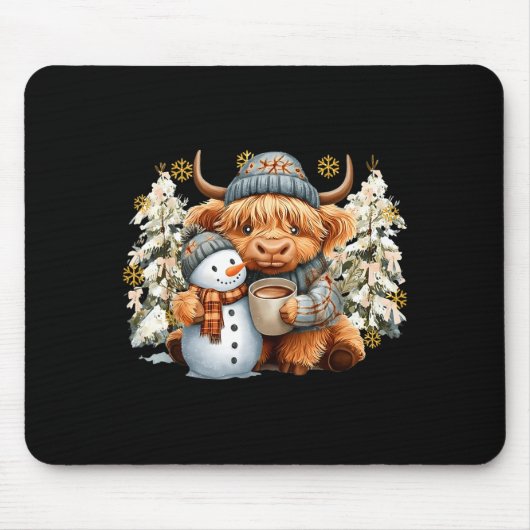 Cute Highland Cow With Snowman Hot Cocoa Christmas Mousepad (Vorne)