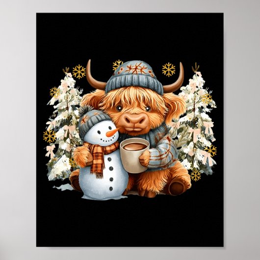 Cute Highland Cow With Snowman Hot Cocoa Christmas Poster (Vorne)
