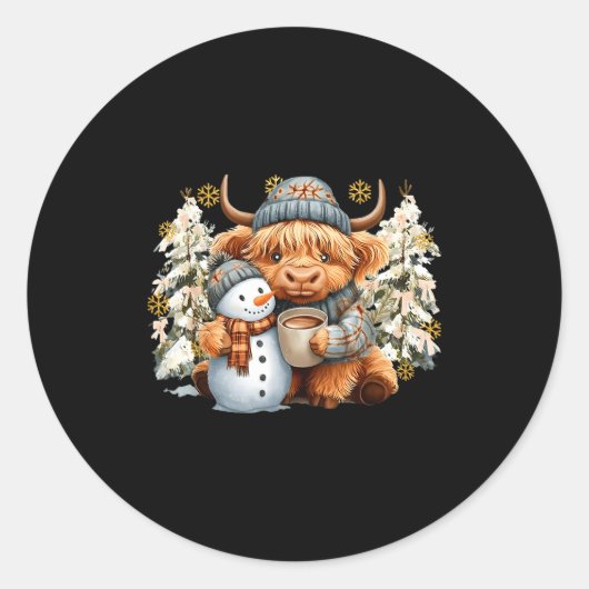 Cute Highland Cow With Snowman Hot Cocoa Christmas Runder Aufkleber (Vorderseite)