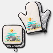Cute Hippo Fun in the Sun Beach Day Ofenhandschuh & Topflappen-Set (Vorderseite/Rückseite)