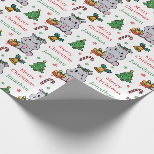 Cute Hippopotamus Christmas Tree Holidays Geschenkpapier (Ecke)