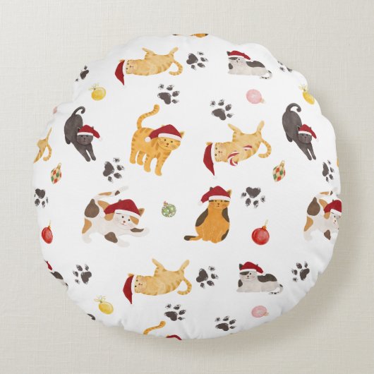 Cute Holiday Cat Pattern Rundes Kissen (Vorderseite)