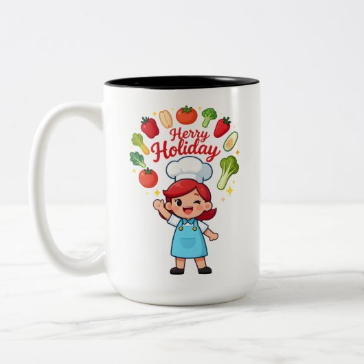 Cute Holiday Chef Mug with Festive Veggies Zweifarbige Tasse (Links)