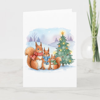 Cute Holiday Watercolor Squirrel Family Christmas Karte