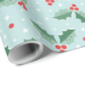 Cute Holly Berries Christmas light blue Geschenkpapier (Rolleneckpunkt)