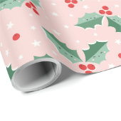Cute Holly Berries Christmas pink Geschenkpapier (Rolleneckpunkt)