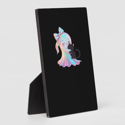 Cute Holographic Ghost Hugging Black Cat Cozy Girl Fotoplatte (Seite)