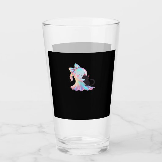 Cute Holographic Ghost Hugging Black Cat Cozy Girl Glas (Vorderseite)