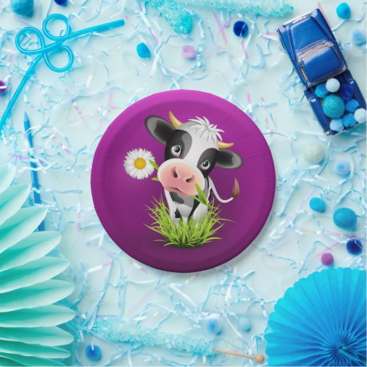 Cute Holstein cow in grass over purple Pappteller (Party)