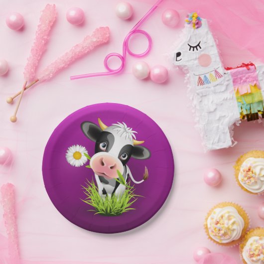 Cute Holstein cow in grass over purple Pappteller (Party)
