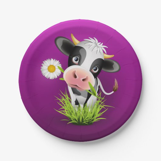 Cute Holstein cow in grass over purple Pappteller (Vorderseite)