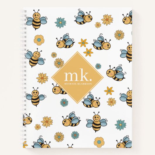 Cute Honey Bees & Floral Wildflowers Monogram Notizblock (Vorderseite)