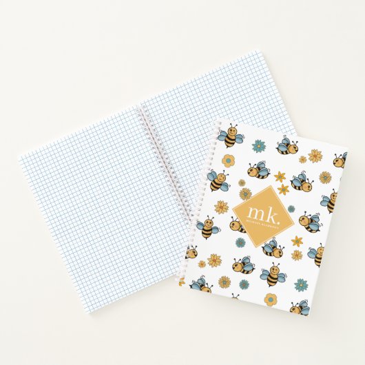 Cute Honey Bees & Floral Wildflowers Monogram Notizblock (Innenseite)