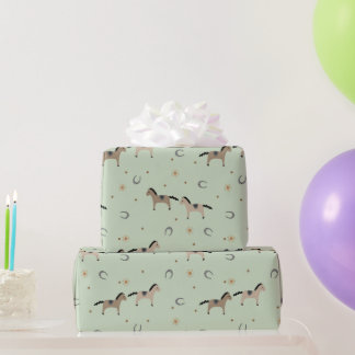 Cute Horses & Horseshoes Kids Birthday Sage Green Geschenkpapier