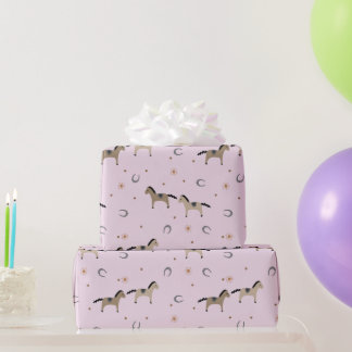 Cute Horses & Horseshoes Kids Birthday Soft Pink Geschenkpapier