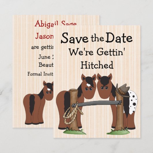 Cute Horses We're Getting Hitched Wedding Save The Date (Vorne/Hinten)