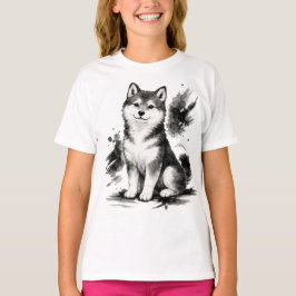 【Cute Husky Japanese Ink Art Girls T-Shirt】 T-Shirt