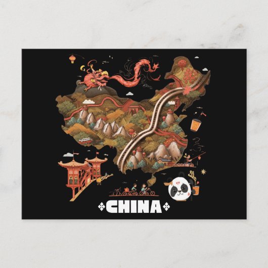 Cute Illustrated China Map with Dragon and Panda Postkarte (Vorderseite)