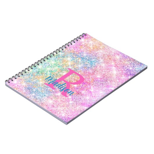 Cute iridescent unicorn pink faux glitter monogram notizblock (Linke Seite)