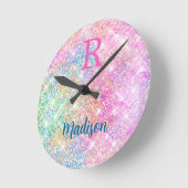 Cute iridescent unicorn pink faux glitter monogram runde wanduhr (Winkel)