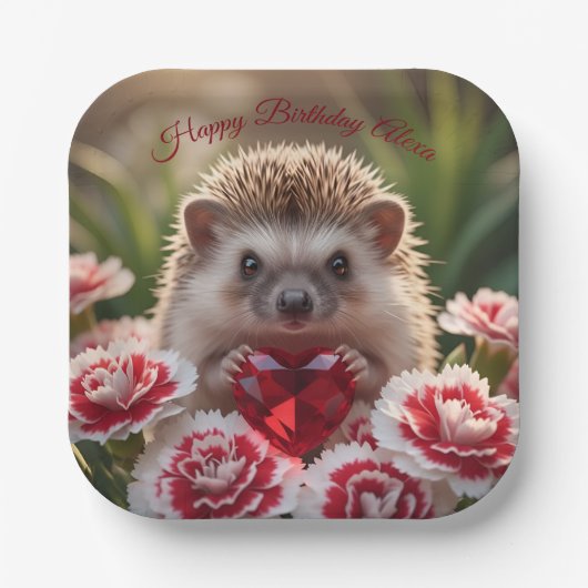 Cute January Hedgehog with Garnet Heart Pappteller (Vorderseite)
