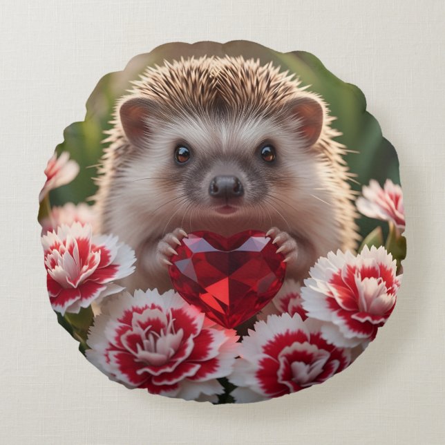 Cute January Hedgehog with Garnet Heart Rundes Kissen (Vorderseite)