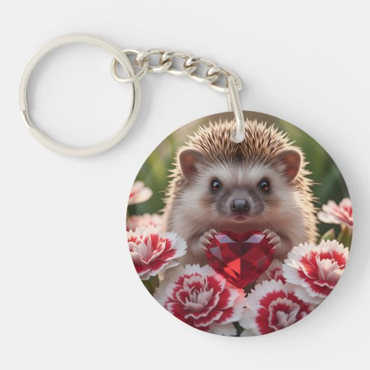 Cute January Hedgehog with Garnet Heart Schlüsselanhänger (Vorderseite)